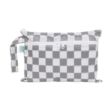 Load image into Gallery viewer, Bumkins Wet/Dry Clutch: Charcoal Check—a waterproof pouch with zipper and side strap, perfect for any outing.

