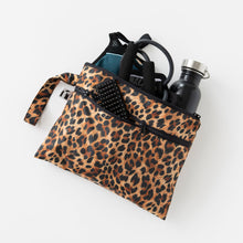 Load image into Gallery viewer, Roamio by Bumkins Wet/Dry Clutch: Leopard holds gym essentials on a white background.
