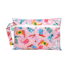 Load image into Gallery viewer, Bumkins Wet/Dry Clutch: Boots features cowboy boot patterns on pink, waterproof fabric, with a zip closure &amp; side strap.
