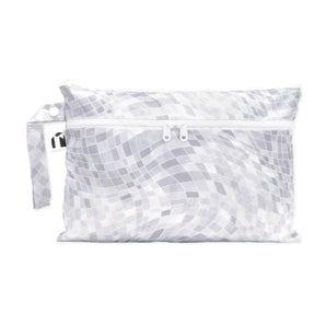 Roamio by Bumkins Wet/Dry Clutch: Disco Check features a gray & white mosaic pattern on waterproof fabric with two zippered compartments.
