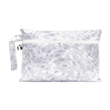 Load image into Gallery viewer, Roamio by Bumkins Wet/Dry Clutch: Disco Check features a gray &amp; white mosaic pattern on waterproof fabric with two zippered compartments.
