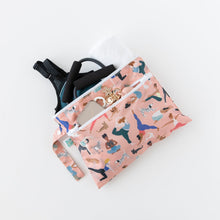 Load image into Gallery viewer, Bumkins Wet/Dry Clutch: Yoga Pals holds a towel, gym gear, phone, and keys on a white background.
