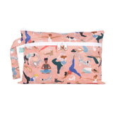 Bumkins Wet/Dry Clutch: Yoga Pals features illustrations of people and pets doing yoga, a white zipper, and waterproof fabric.