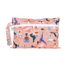 Load image into Gallery viewer, Bumkins Wet/Dry Clutch: Yoga Pals features illustrations of people and pets doing yoga, a white zipper, and waterproof fabric.
