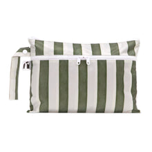 Load image into Gallery viewer, Roamio by Bumkins Wet/Dry Clutch: Clubhouse Stripe features a green &amp; white striped waterproof pouch with two zippered compartments.
