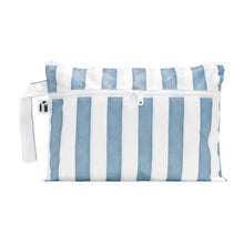 Load image into Gallery viewer, Roamio by Bumkins Wet/Dry Clutch: Nautical Stripe is a zippered waterproof pouch with two compartments and a blue &amp; white striped pattern.
