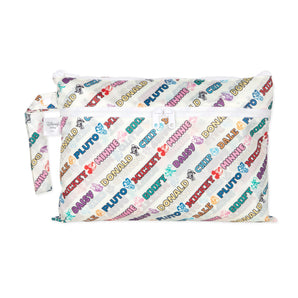 Bumkins Wet/Dry Clutch: Mickey & Friends Varsity is a white waterproof pouch with colorful Disney character names like Mickey and Minnie.