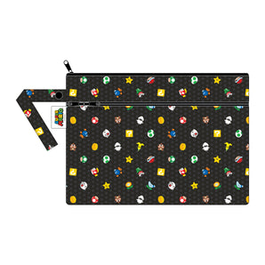 Bumkins Wet/Dry Clutch: Super Mario™ Lineup is a zippered waterproof pouch with two compartments and video game designs.