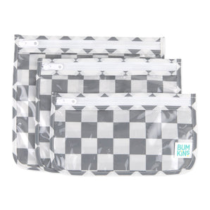 Bumkins Clear Travel Bag 3 Pack: Charcoal Check includes three TSA-compliant pouches with zippers and a clear front, ideal for travel.