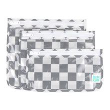 Load image into Gallery viewer, Bumkins Clear Travel Bag 3 Pack: Charcoal Check includes three TSA-compliant pouches with zippers and a clear front, ideal for travel.
