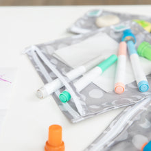 Load image into Gallery viewer, Close-up of Bumkins Clear Travel Bag 3 Pack: Lunar Phase, filled with colorful markers on a white table.
