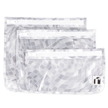 Load image into Gallery viewer, Roamio by Bumkins Clear Travel Bag 3 Pack: Disco Check includes 3 TSA-compliant waterproof bags with a gray &amp; white mosaic pattern.

