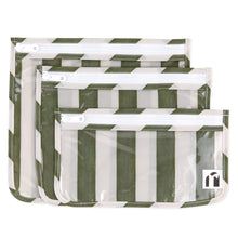 Load image into Gallery viewer, Roamio by Bumkins Clear Travel Bag 3 Pack: Clubhouse Stripe includes 3 TSA-compliant green &amp; white stripe waterproof pouches.
