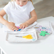 Load image into Gallery viewer, A child crafts with clay, stickers, and scissors in Bumkins Clear Travel Bag 3-Pack: Wander at a white table.

