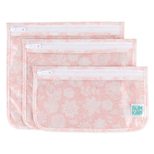 Load image into Gallery viewer, Bumkins Clear Travel Bag 3-Pack: Lace includes 3 TSA-compliant pouches made of pink waterproof fabric with a white lace design.
