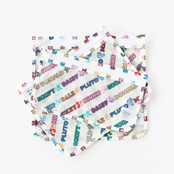 Bumkins Clear Travel Bag 3 Pack: Mickey & Friends Varsity are stacked neatly on a white background. 