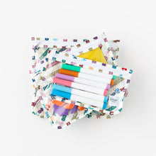 Load image into Gallery viewer, Bumkins Clear Travel Bag 3 Pack: Mickey &amp; Friends Varsity are stacked on a white background, filled with markers and other art supplies.
