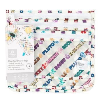 Bumkins Clear Travel Bag 3 Pack: Mickey & Friends Varsity is shown with its packaging tag.