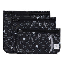 Load image into Gallery viewer, Bumkins Clear Travel Bag 3-Pack: Mickey Mouse Icon Black + White includes 3 black waterproof pouches with a white Mickey Mouse icon design.
