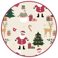 Load image into Gallery viewer, Round swatch of Adult Bamboo Lounge Pants, Cozy Christmas with Santa, reindeer, &amp; tree pattern.
