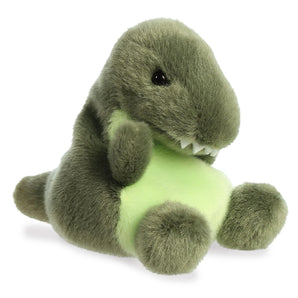 Aurora PalmPals Tyranno Rex is a plush green dinosaur toy with a light green belly and cute white felt teeth, sitting upright.