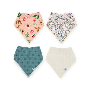 Little Unicorn Cotton Muslin/Fleece Bib 4 Pack in vintage floral, white, teal & cream patterns displayed on a white background.