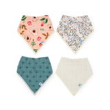 Little Unicorn Cotton Muslin/Fleece Bib 4 Pack in vintage floral, white, teal & cream patterns displayed on a white background.