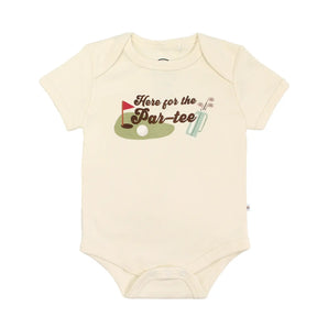 Emerson and Friends Luxury Bodysuit: "Here for the Par-Tee"—a cute golf-themed summer onesie for babies!.