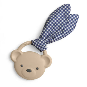The Itzy Ritzy Crinkle Teether, Taupe Bear, soothes babies with silicone and crinkle fabric ears for teething relief.
