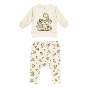 Organic Sweatshirt & Jogger Set, Little Fox: beige sweatshirt with fox illustration, and beige joggers with fox & cactus print.