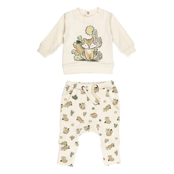 Organic Sweatshirt & Jogger Set, Little Fox: beige sweatshirt with fox illustration, and beige joggers with fox & cactus print.