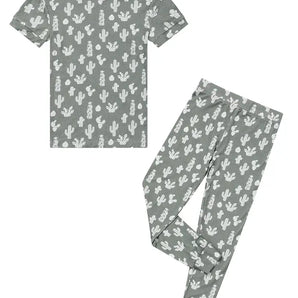 Emerson and Friends PJs with Pants, Stay Sharp is a gray bamboo pajama set with a cactus pattern and includes a short-sleeve top.