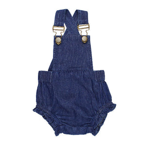 Denim Bubble Overall: dark navy blue overalls with ruffle detail on legs; made of 100% organic cotton.