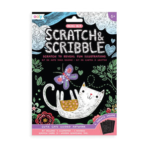 Mini Scratch & Scribble, Cutie Cats: box with cat illustration, text "ooly Mini Kit Scratch & Scribble: Scratch to Reveal Fun Illustrations."