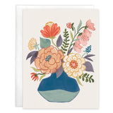Blank Card, Contemporary Vase: a 4.25x4.25 note card featuring an illustration of a colorful bouquet of flowers in a blue vase.