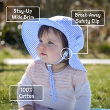 Load image into Gallery viewer, Toddler in a Jan and Jul Grey Herringbone Sun Hat with Gro-With-Me® design, providing sun protection and showcasing features via labels.
