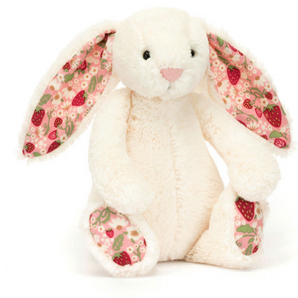 Jellycat fans will love the Blossom Bunny Berry Small—white plush with pink floral & strawberry ears. A must-have Jellycat collectible!.