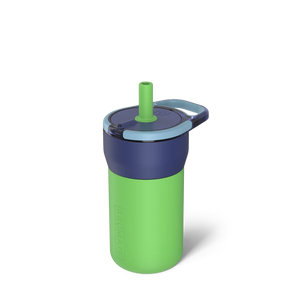 Leap 12oz, Neutron: bright green, dark blue, & light blue insulated tumbler with lid & straw and embossed Brumate logo.