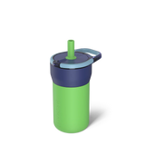 Leap 12oz, Neutron: bright green, dark blue, & light blue insulated tumbler with lid & straw and embossed Brumate logo.