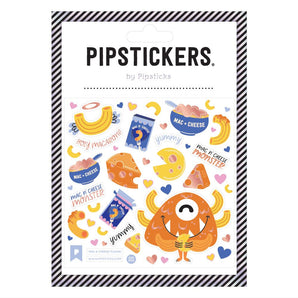 Pipsticks Stickers, Mac & Cheese Please! features unique PVC designs with macaroni, cheese, a happy monster, hearts, and Yummy text.