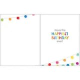 Happy Happy Lights birthday card with colorful fairy lights in the corners and text reading Have the HAPPIEST BIRTHDAY ever!.