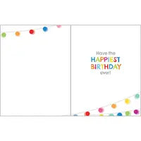Happy Happy Lights birthday card with colorful fairy lights in the corners and text reading Have the HAPPIEST BIRTHDAY ever!.