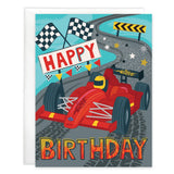 A red race car on a track with Happy Birthday text, featured on a Birthday Card, Racetime.