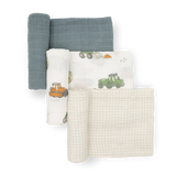 Little Unicorn Cotton Swaddle Set, Work Trucks: 3 cotton muslins—solid blue, tractors, beige check—displayed on white background.