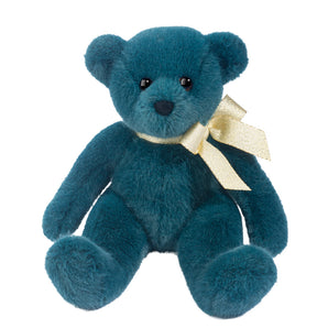 Holly Teddy Bear: fluffy blue teddy bear stuffed animal with gold neck bow.