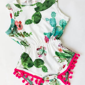 Mila and Roses Pom Pom Romper, Cute Cactus: Adorable cactus flower print with pink pom-pom trim for toddlers.