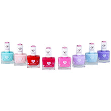 Load image into Gallery viewer, Eight Klee Naturals Kids Water-Based Peelable Nail Polishes display kid-friendly pastel and vibrant shades like blue, pink, red, and purple.
