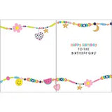 Gina B Designs Birthday Card, Charm Bracelets with beaded string borders of hearts, stars, and fruit reading Happy Birthday to the girl.