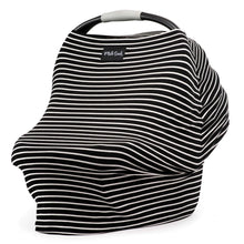 Load image into Gallery viewer, The Milk Snob Cover Modern Stripe is a chic black and white striped baby car seat cover with a handy top handle for multiple uses.
