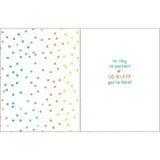 Gina B Designs Sweet Baby Dots card with colorful confetti dots and gold foil text: so tiny so perfect so HAPPY youre here!.